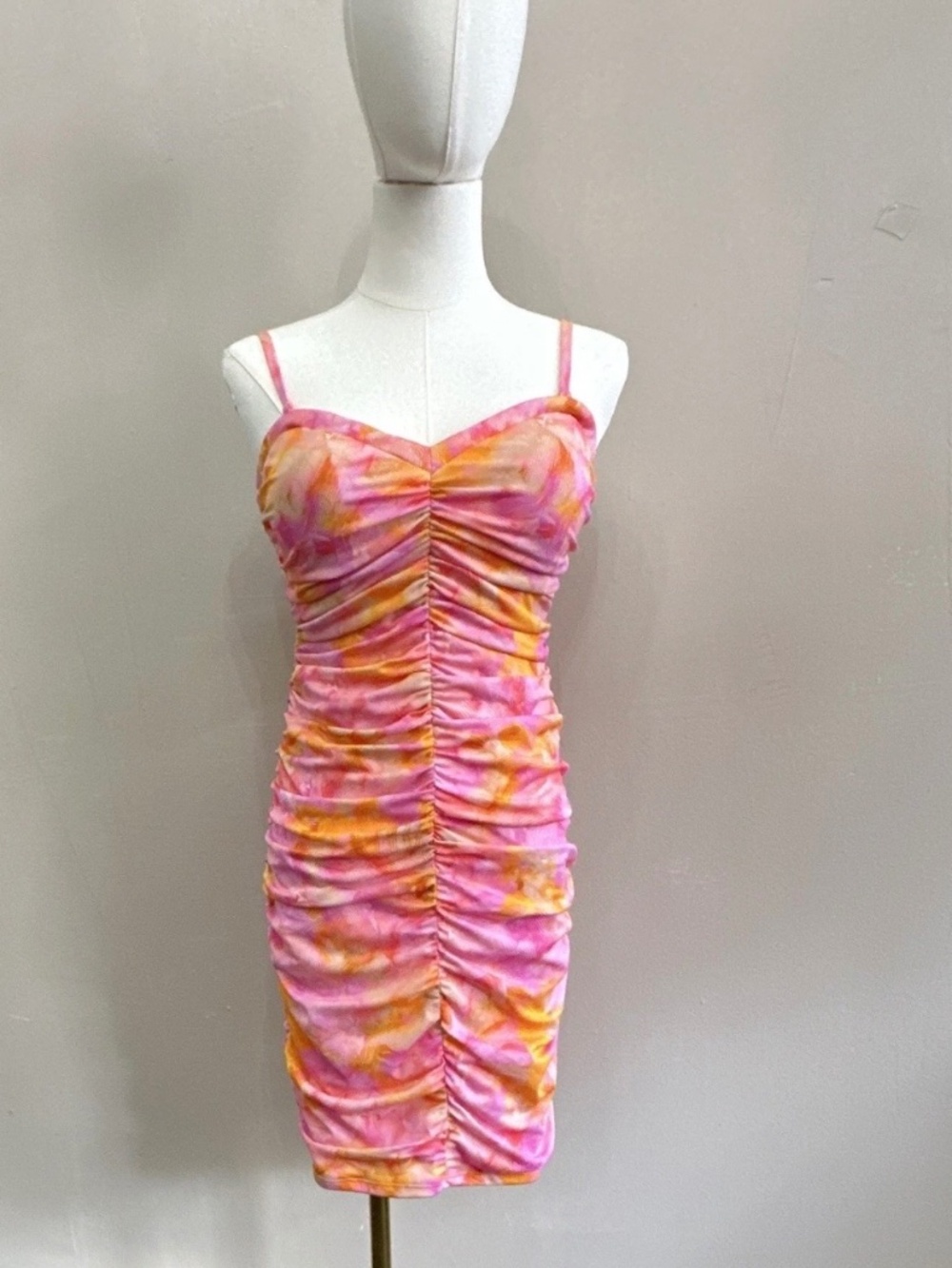 NWT GUESS Pink/Orange Y2K Ruched Mesh Adjustable Strap Bodycon Dress Zip 2
